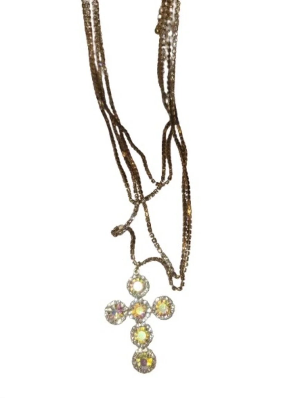 Crystal Multi-Strand Cross Necklace - Silver Tone